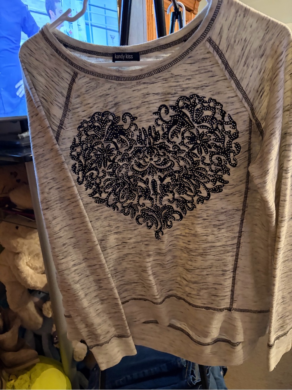 Kandy Kiss Gray Heather Crewneck Sweater with Embellished Black Heart
